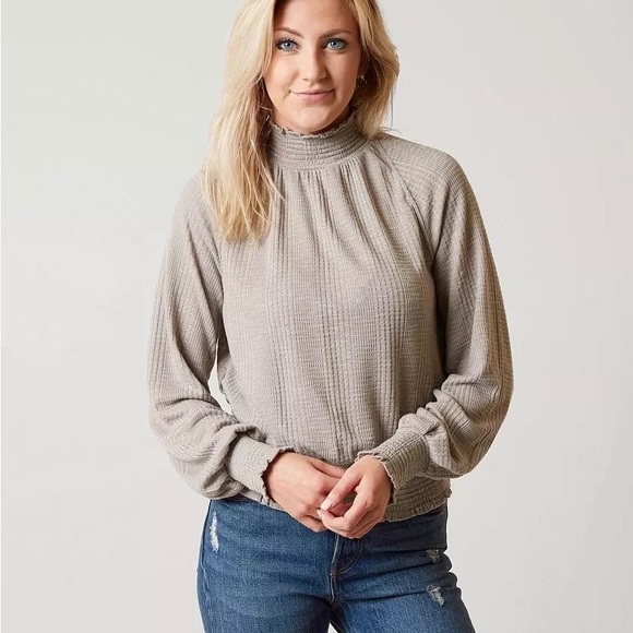 Free People Boulevard Top Textured Ruffle High Neck Taupe Gray, Size M - Picture 9 of 13